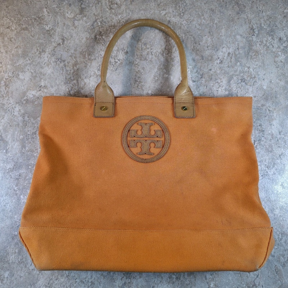 Tory Burch Rustic Fall Pumpkin Orange Canvas Leather Large Tote Bag Floral Lined